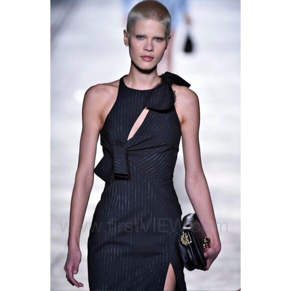 Versace Runway Dress Cut Out Knot Midi Wool Silk Pinstripe Cocktail Slit 2016 44 - Picture 9 of 15